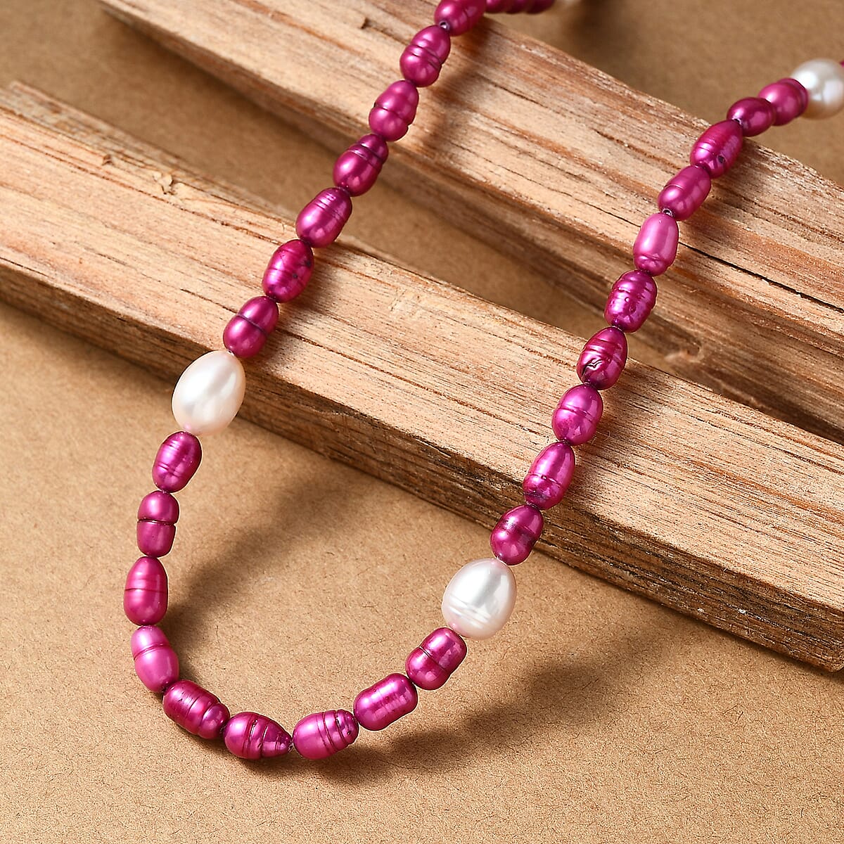 Freshwater Pearl and Pink Dyed Freshwater Pearl Necklace in Stainless Steel 18 Inches image number 1