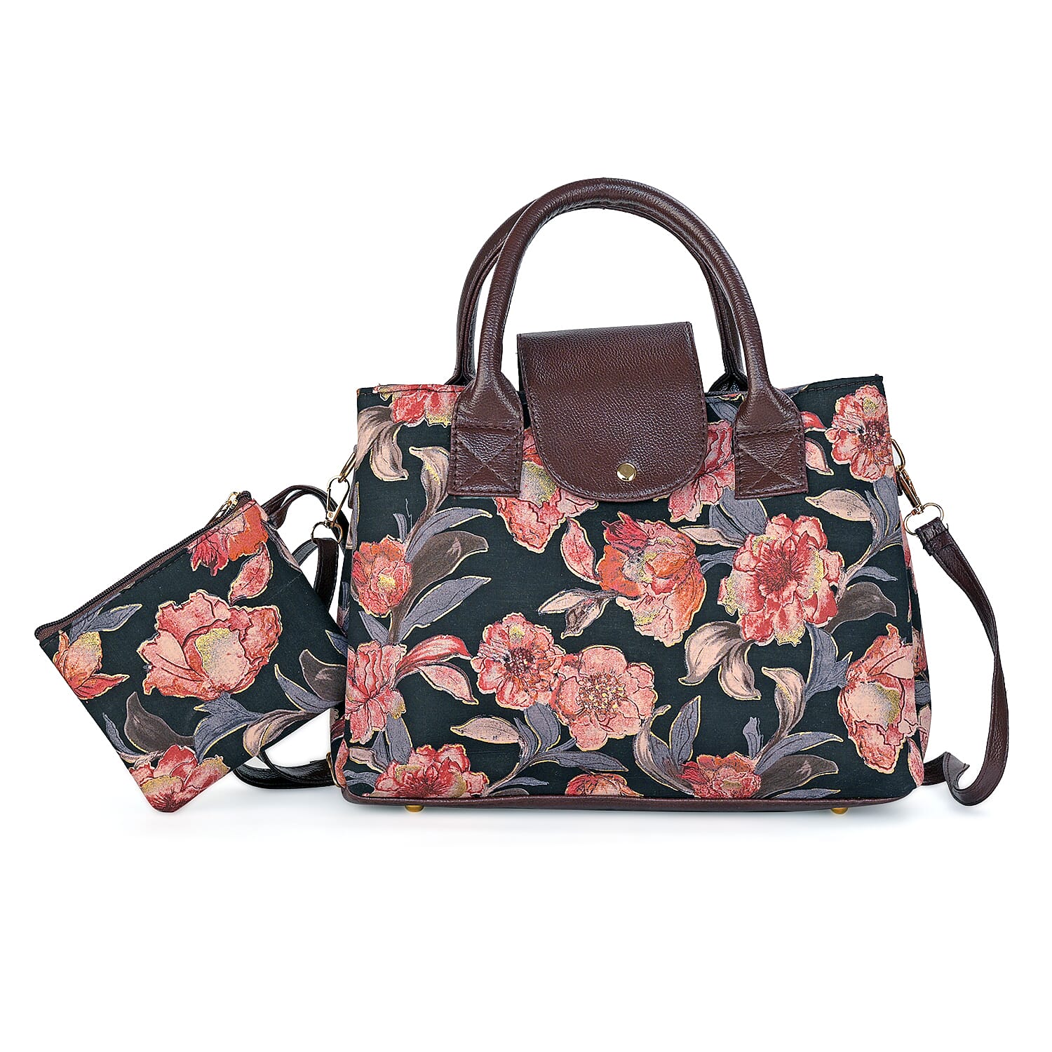 LA Marey Black Flower Genuine Leather Trim Cotton Stachel Bag with Flap Closure, Detachable Shoulder Strap, and Pouch