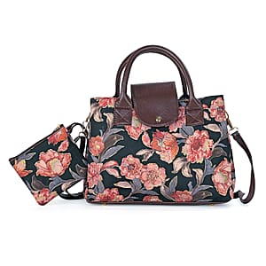 LA Marey Blue Floral Printed Genuine Leather Satchel Bag with Detachable Shoulder Strap with Pouch