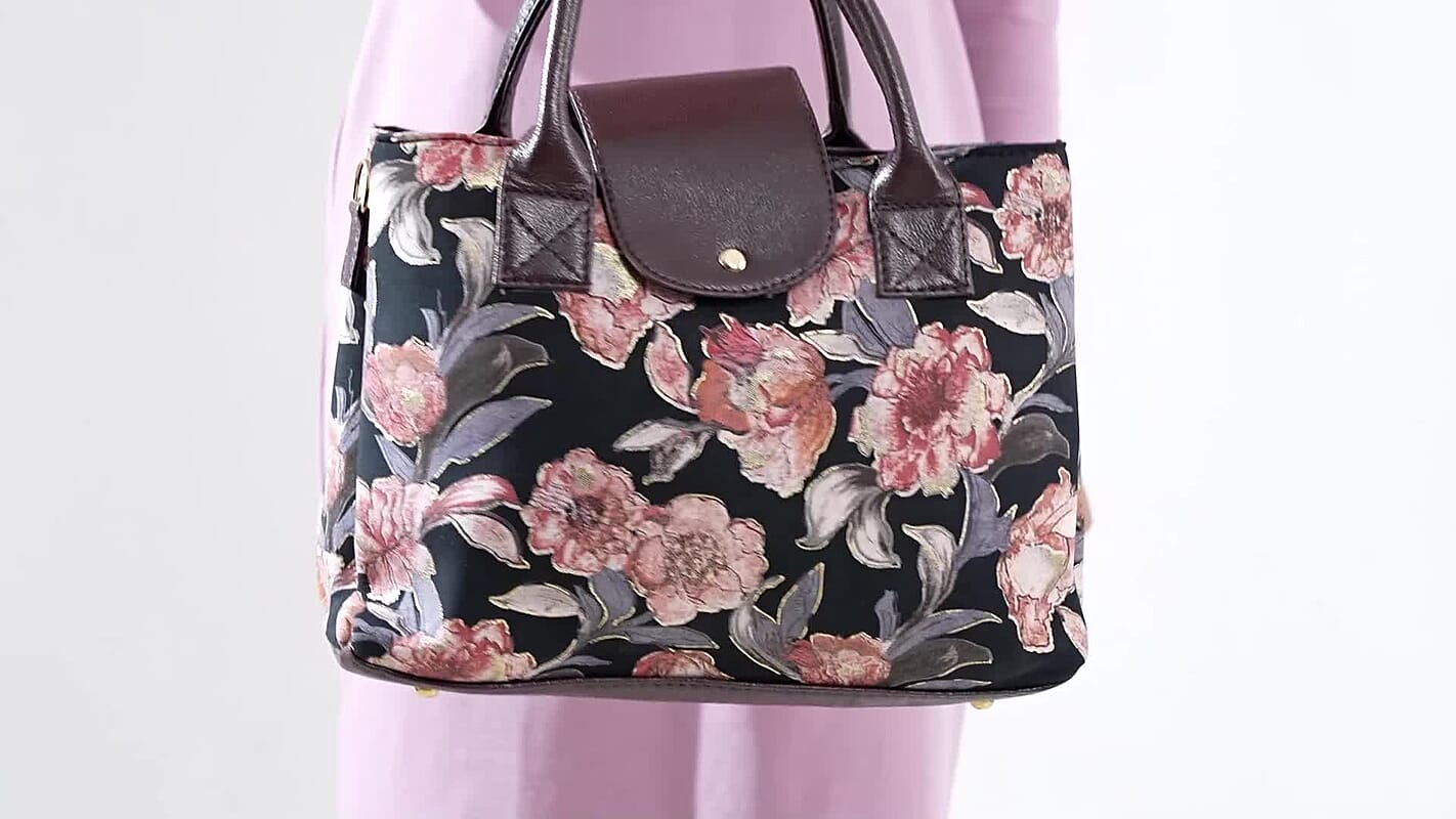 LA Marey Yellow Cotton Printed Genuine Leather Satchel Bag (14"x11") with Magneting Flap Clouser and Detachable Shoulder Strap with Pouch