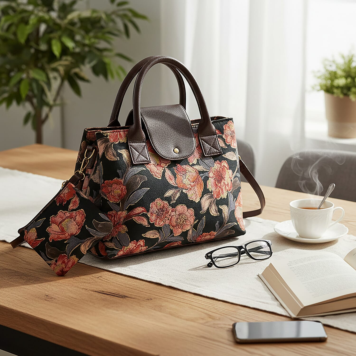 LA Marey Black Flower Genuine Leather Trim Cotton Stachel Bag with Flap Closure, Detachable Shoulder Strap, and Pouch