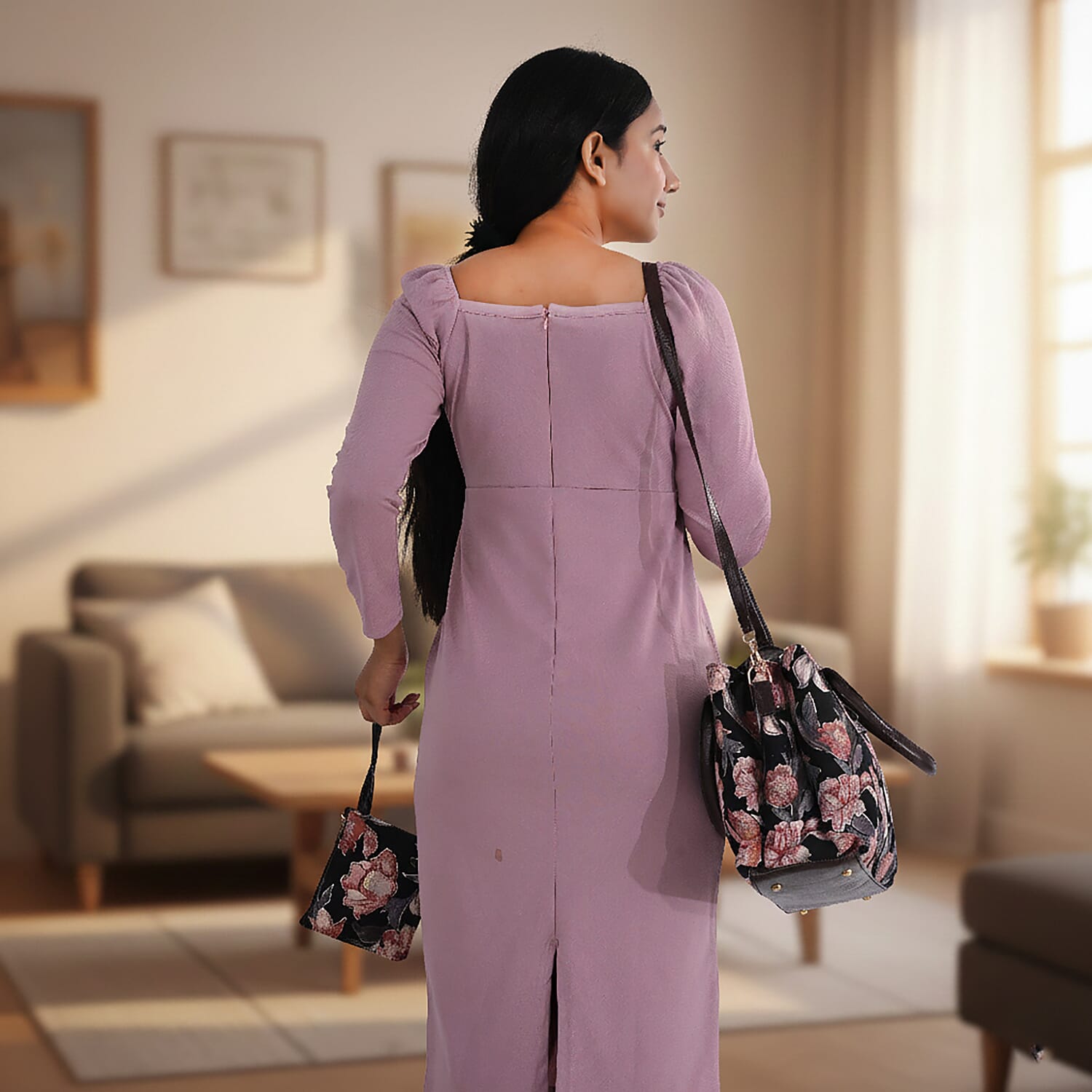 LA Marey Black Flower Genuine Leather Trim Cotton Stachel Bag with Flap Closure, Detachable Shoulder Strap, and Pouch