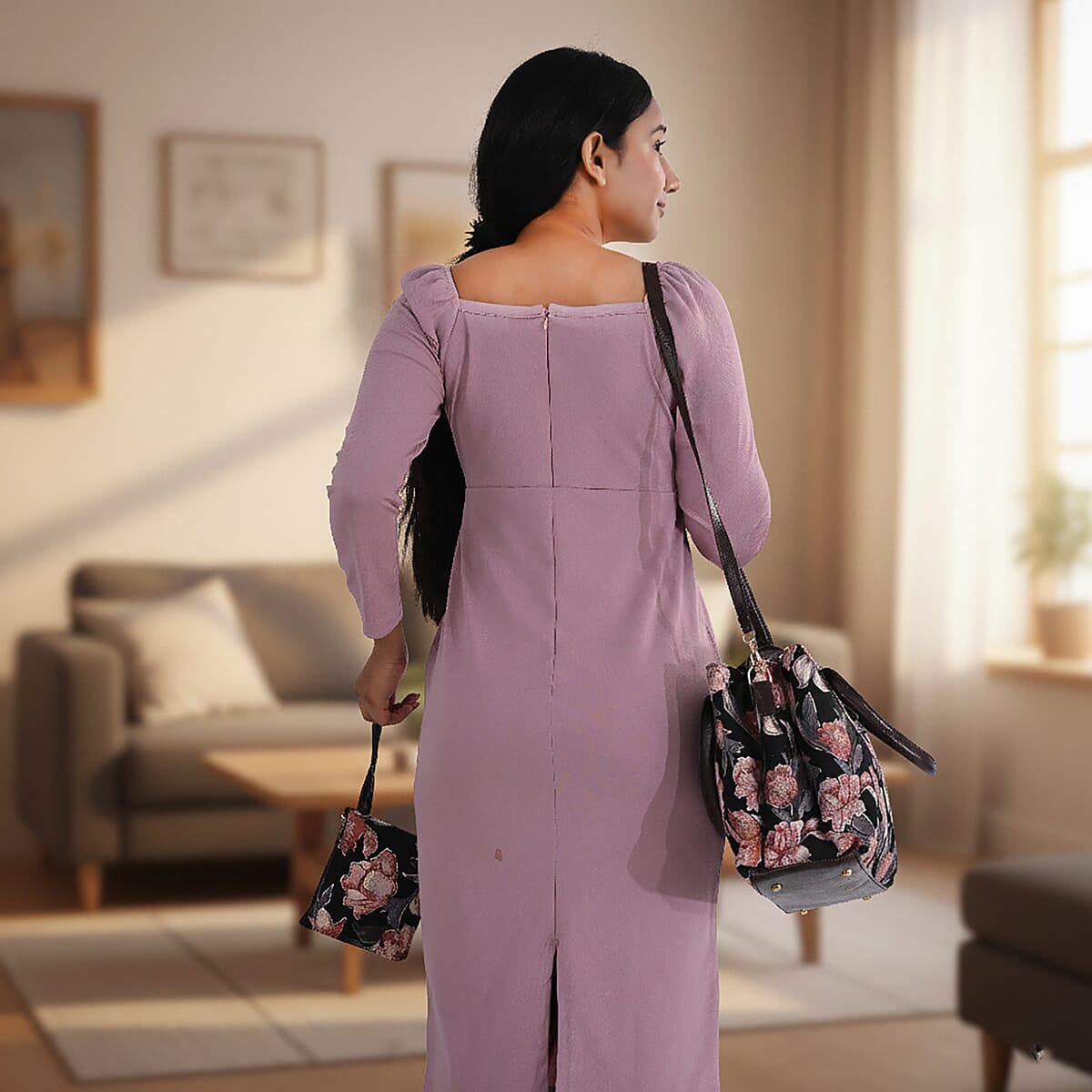 LA Marey Blue Floral Printed Genuine Leather Satchel Bag with Detachable Shoulder Strap with Pouch image number 3