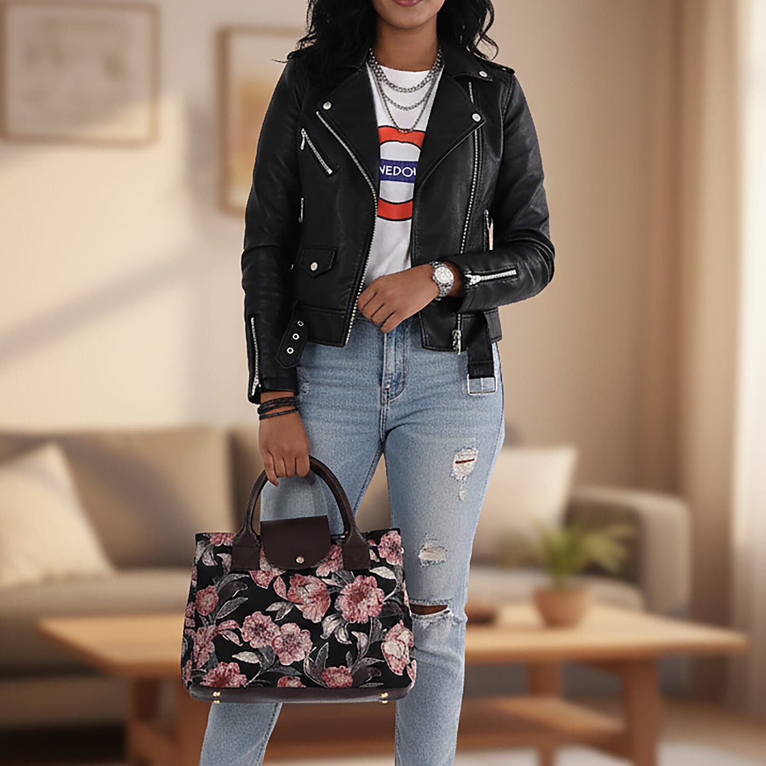 LA Marey Black Flower Genuine Leather Trim Cotton Stachel Bag with Flap Closure, Detachable Shoulder Strap, and Pouch