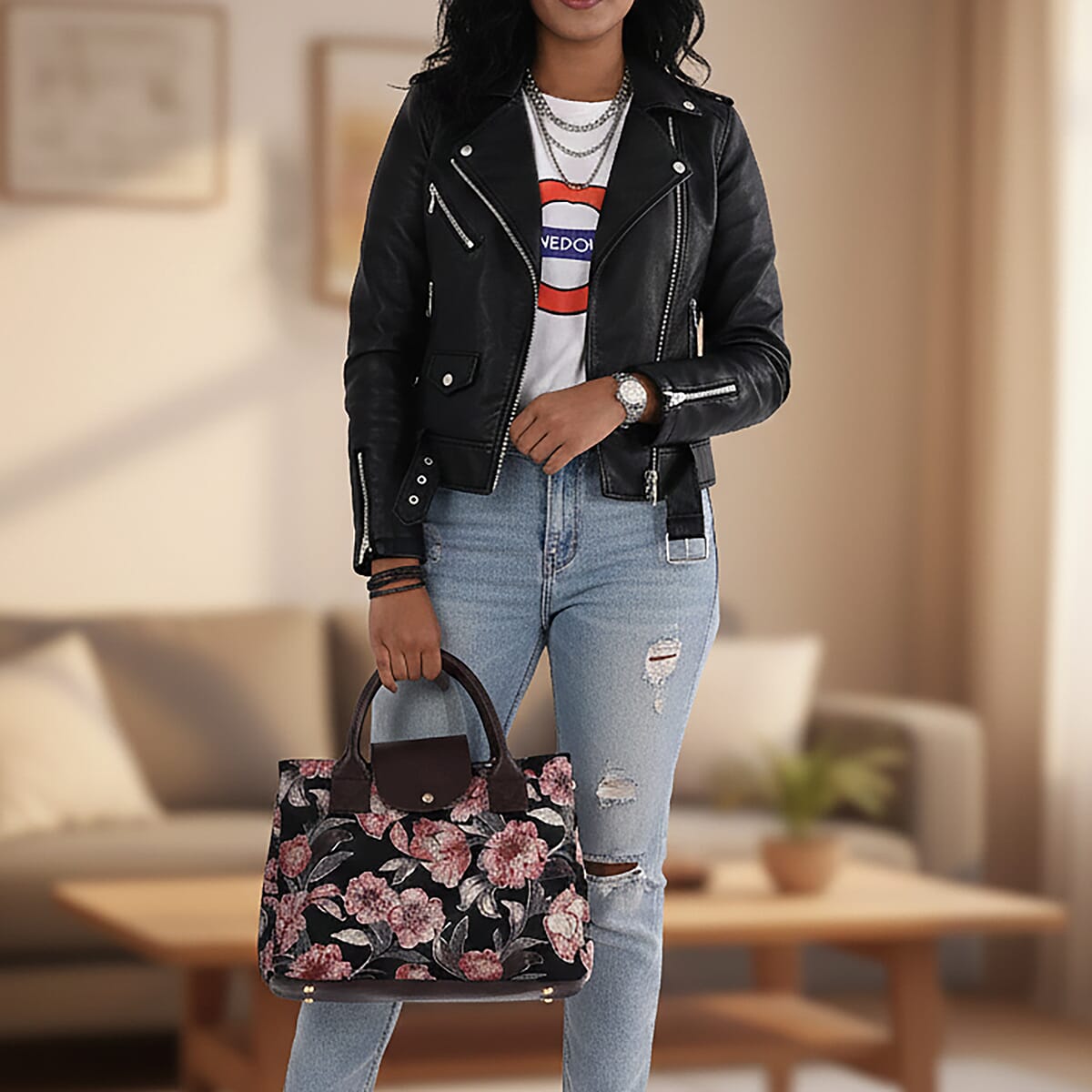 LA Marey Blue Floral Printed Genuine Leather Satchel Bag with Detachable Shoulder Strap with Pouch image number 4