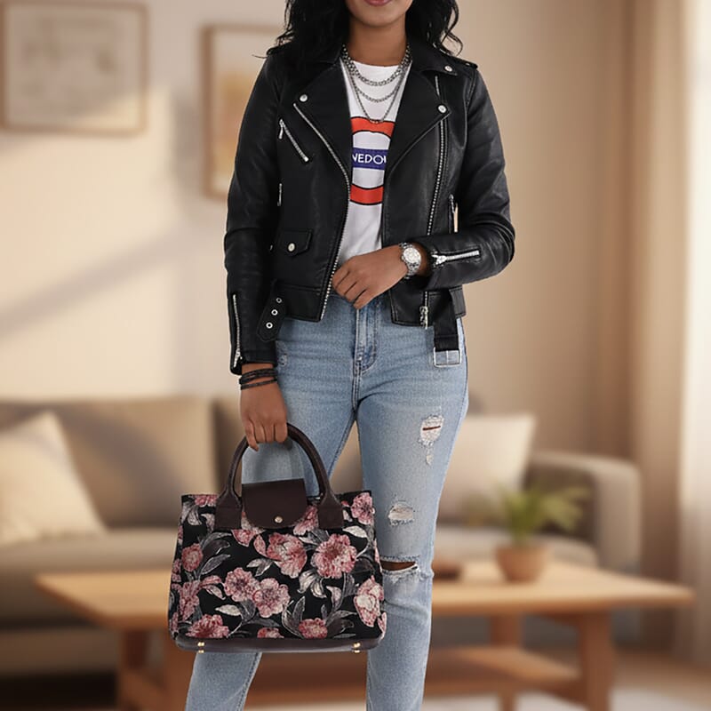 LA Marey Black Flower Genuine Leather Trim Cotton Stachel Bag with Flap Closure, Detachable Shoulder Strap, and Pouch