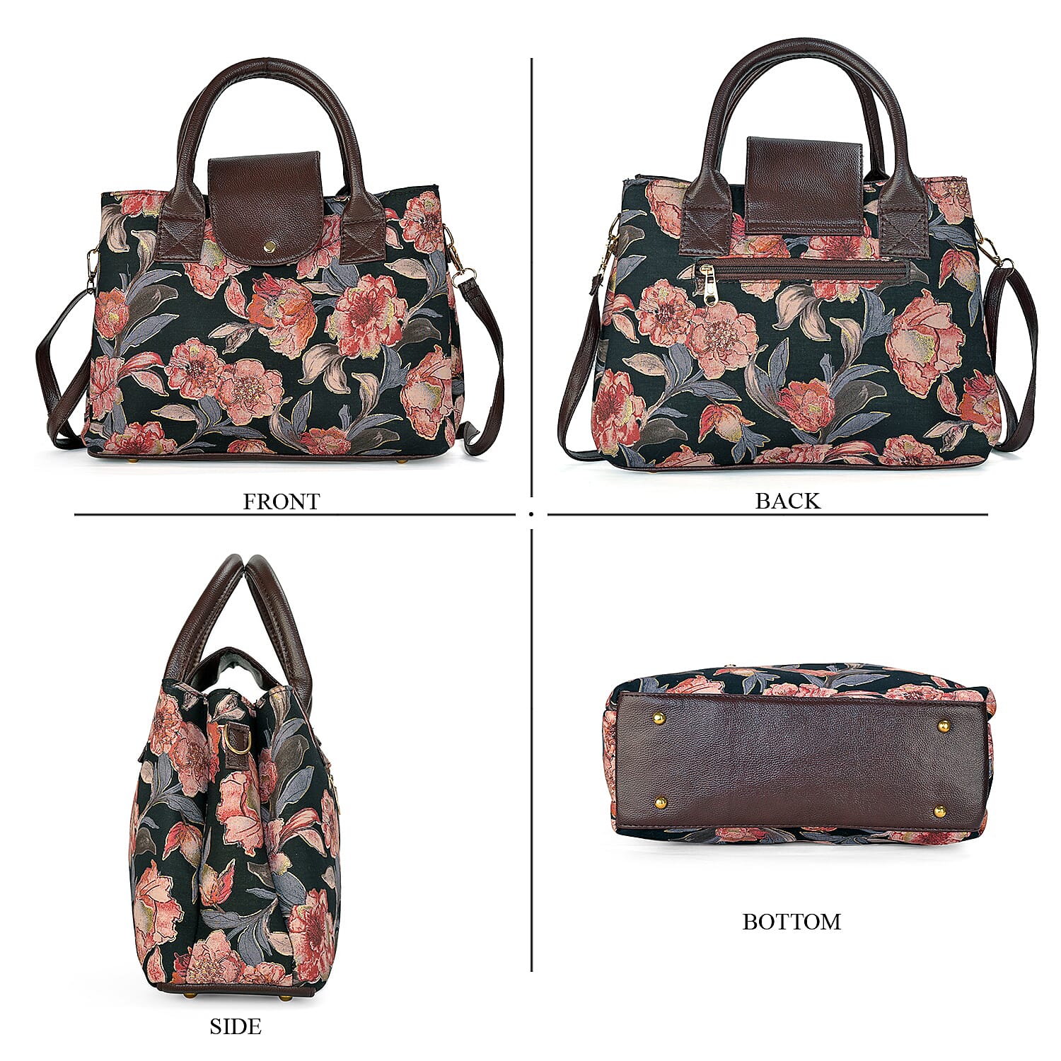 LA Marey Black Flower Genuine Leather Trim Cotton Stachel Bag with Flap Closure, Detachable Shoulder Strap, and Pouch