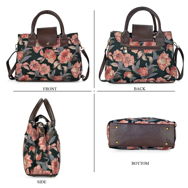 LA Marey Black Flower Genuine Leather Trim Cotton Stachel Bag with Flap Closure, Detachable Shoulder Strap, and Pouch