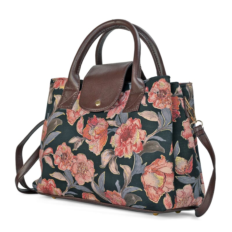 LA Marey Black Flower Genuine Leather Trim Cotton Stachel Bag with Flap Closure, Detachable Shoulder Strap, and Pouch