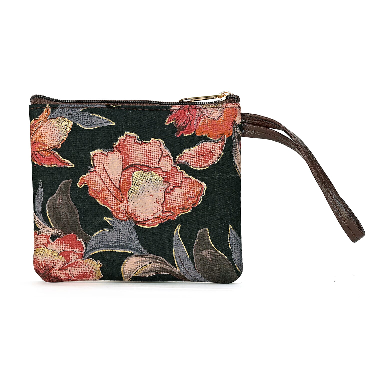 LA Marey Black Flower Genuine Leather Trim Cotton Stachel Bag with Flap Closure, Detachable Shoulder Strap, and Pouch