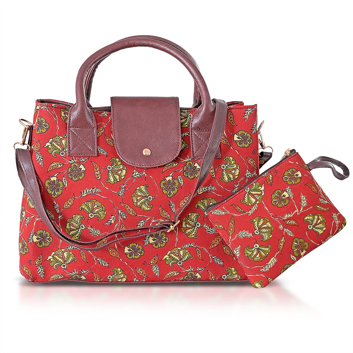 LA Marey Red Flower Genuine Leather Trim Cotton Stachel Bag with Flap Clouser, Detachable Shoulder Strap, and Pouch image number 0