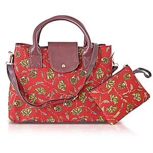LA Marey Red Flower Genuine Leather Trim Cotton Stachel Bag with Flap Clouser, Detachable Shoulder Strap, and Pouch