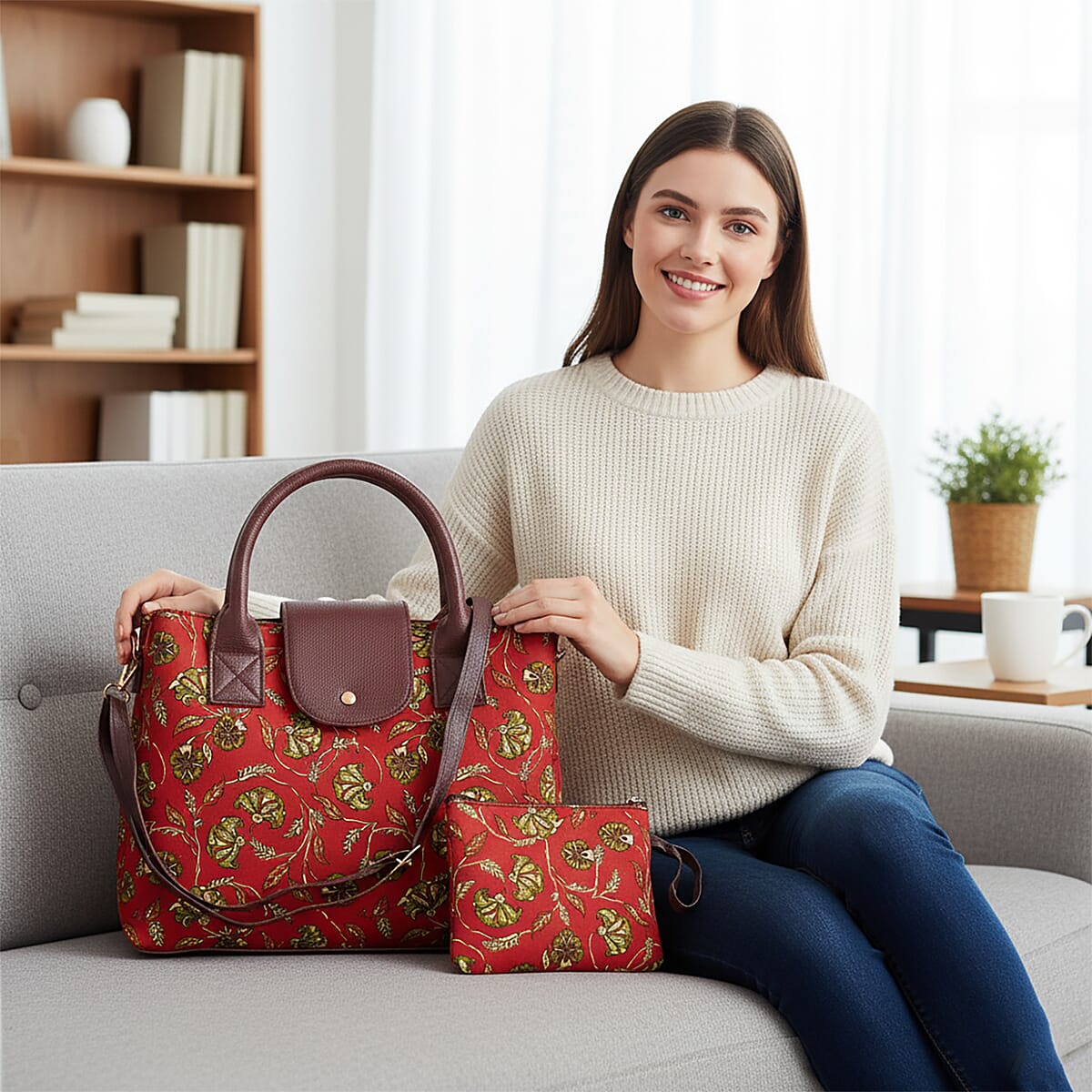 LA Marey Red Flower Genuine Leather Trim Cotton Stachel Bag with Flap Clouser, Detachable Shoulder Strap, and Pouch image number 2