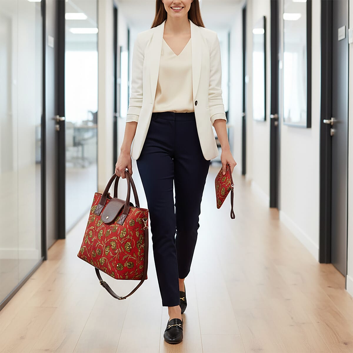 LA Marey Red Flower Genuine Leather Trim Cotton Stachel Bag with Flap Clouser, Detachable Shoulder Strap, and Pouch image number 3