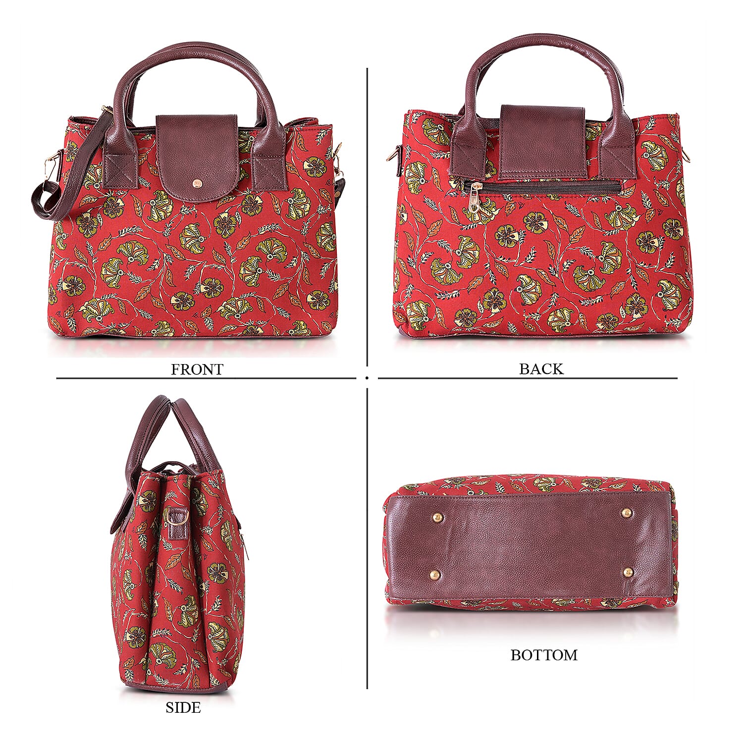 LA Marey Red Flower Genuine Leather Trim Cotton Stachel Bag with Flap Clouser, Detachable Shoulder Strap, and Pouch