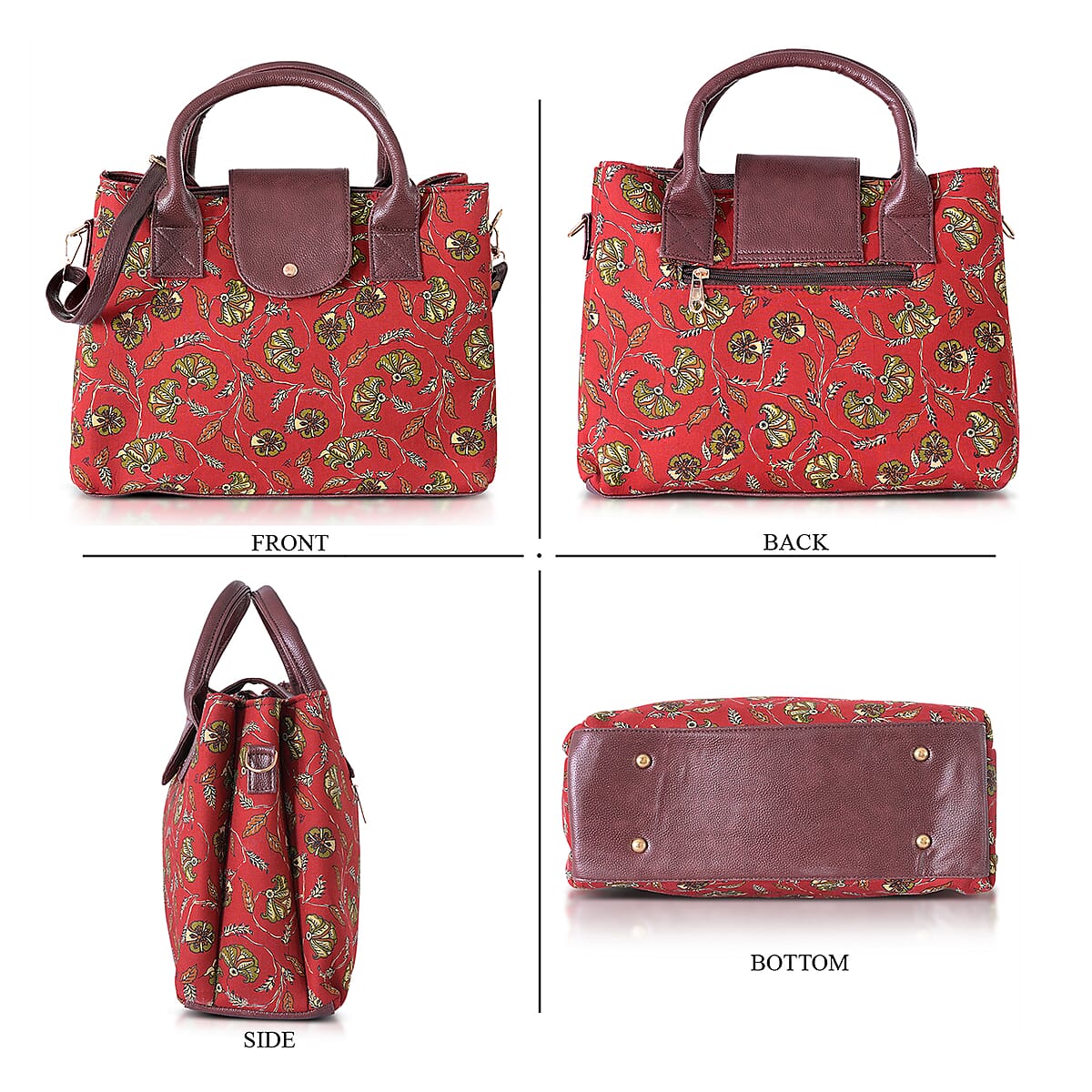 LA Marey Red Flower Genuine Leather Trim Cotton Stachel Bag with Flap Clouser, Detachable Shoulder Strap, and Pouch image number 5