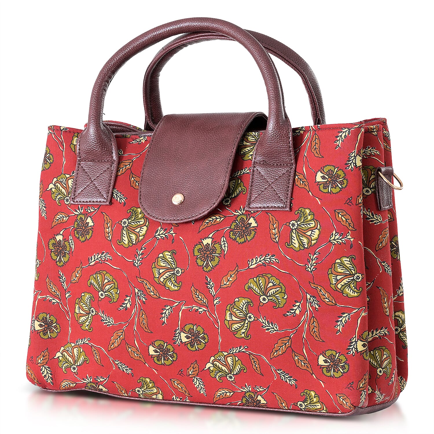 LA Marey Red Flower Genuine Leather Trim Cotton Stachel Bag with Flap Clouser, Detachable Shoulder Strap, and Pouch
