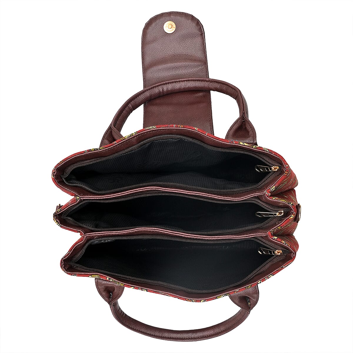 LA Marey Red Flower Genuine Leather Trim Cotton Stachel Bag with Flap Clouser, Detachable Shoulder Strap, and Pouch image number 8