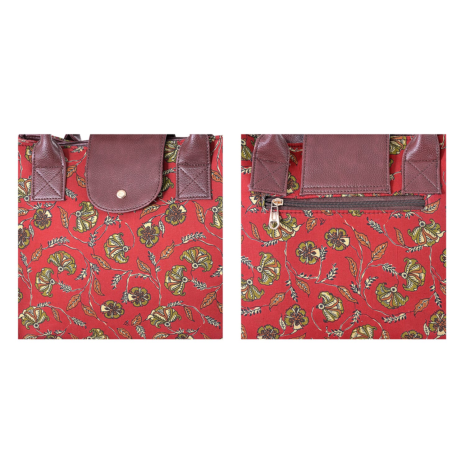 LA Marey Red Flower Genuine Leather Trim Cotton Stachel Bag with Flap Clouser, Detachable Shoulder Strap, and Pouch