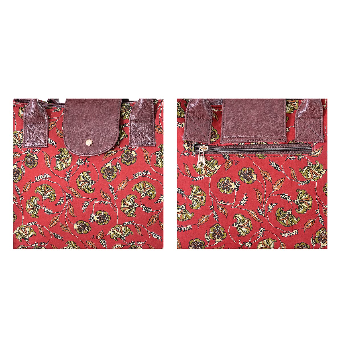 LA Marey Red Flower Genuine Leather Trim Cotton Stachel Bag with Flap Clouser, Detachable Shoulder Strap, and Pouch image number 9