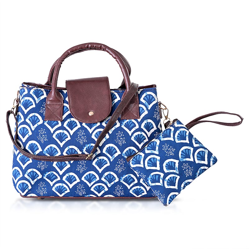 LA Marey Royal Blue Flower Genuine Leather Trim Cotton Stachel Bag with Flap Closure, Detachable Shoulder Strap, and Pouch