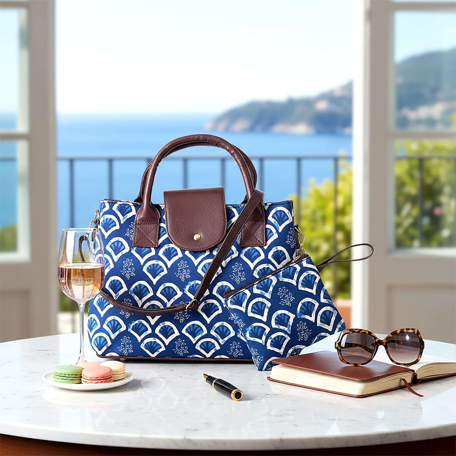 LA Marey Royal Blue Flower Genuine Leather Trim Cotton Stachel Bag with Flap Closure, Detachable Shoulder Strap, and Pouch