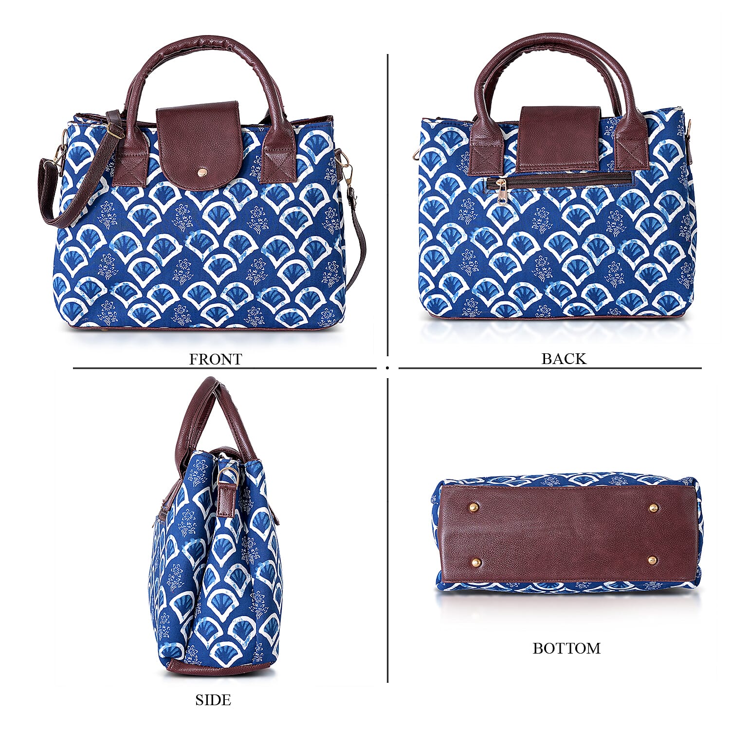 LA Marey Royal Blue Flower Genuine Leather Trim Cotton Stachel Bag with Flap Closure, Detachable Shoulder Strap, and Pouch