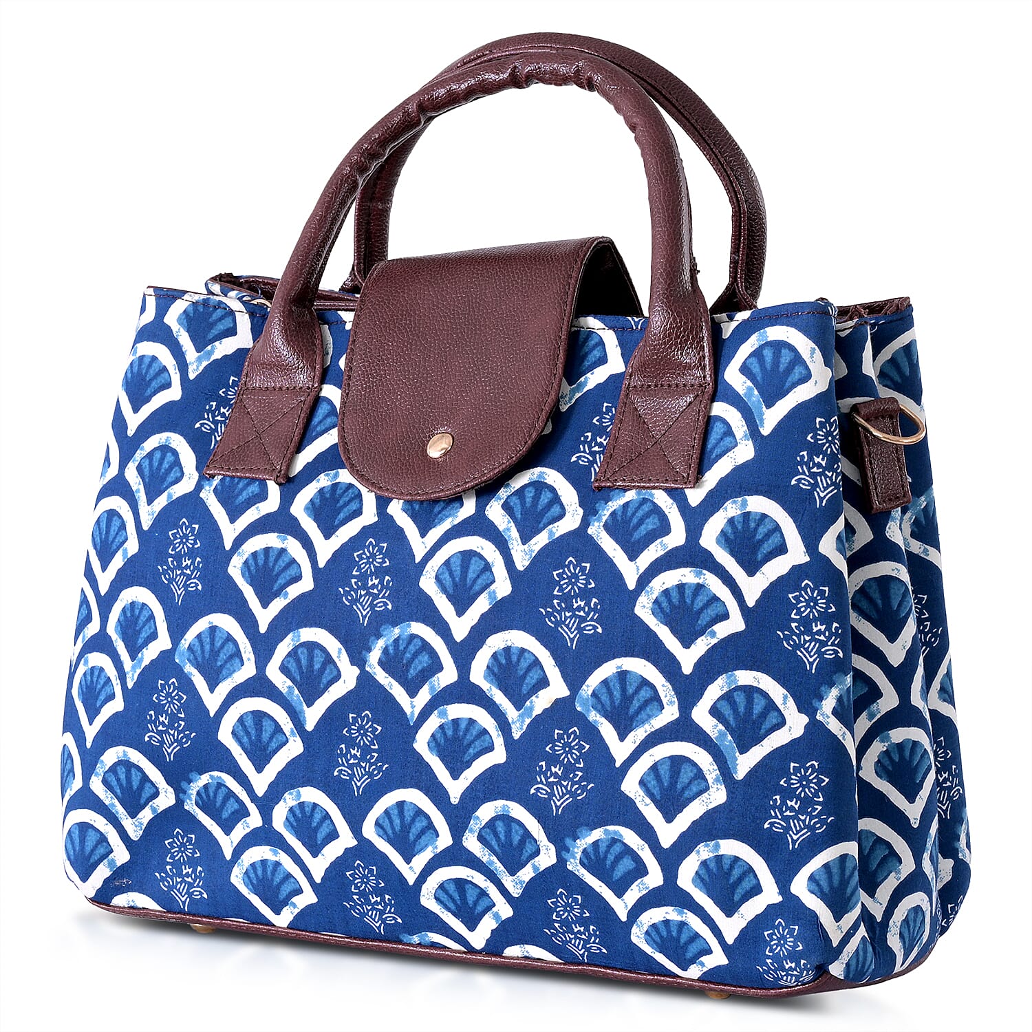 LA Marey Royal Blue Flower Genuine Leather Trim Cotton Stachel Bag with Flap Closure, Detachable Shoulder Strap, and Pouch
