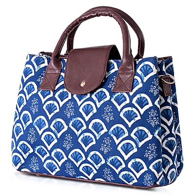 LA Marey Royal Blue Flower Genuine Leather Trim Cotton Stachel Bag with Flap Closure, Detachable Shoulder Strap, and Pouch