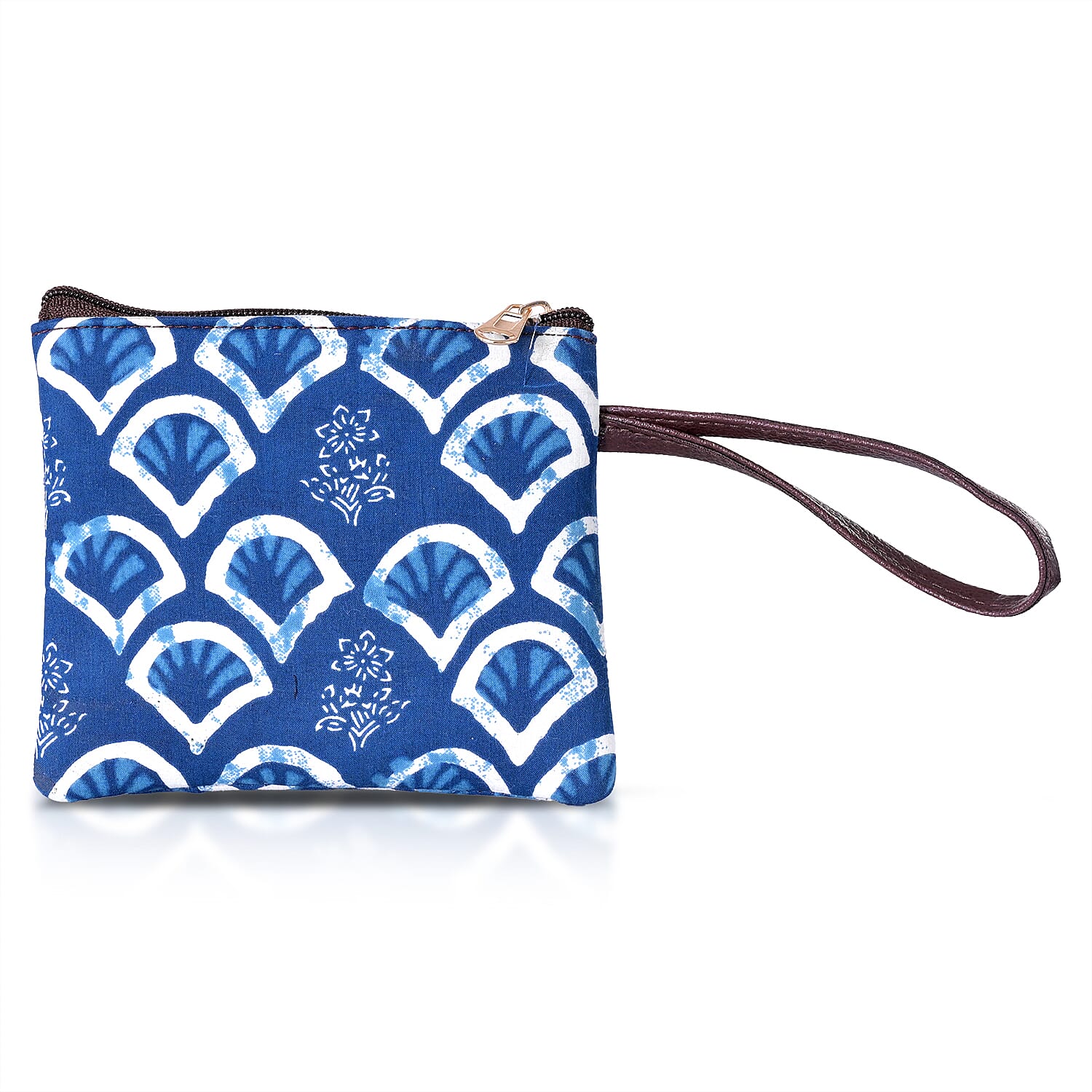 LA Marey Royal Blue Flower Genuine Leather Trim Cotton Stachel Bag with Flap Closure, Detachable Shoulder Strap, and Pouch