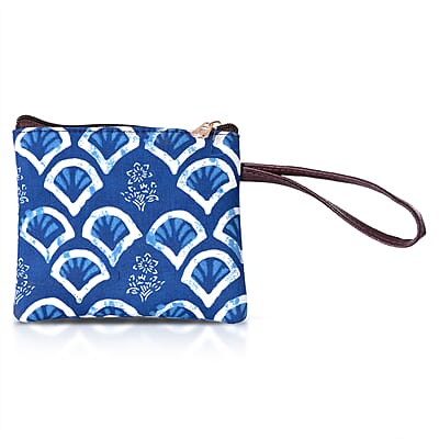 LA Marey Royal Blue Flower Genuine Leather Trim Cotton Stachel Bag with Flap Closure, Detachable Shoulder Strap, and Pouch