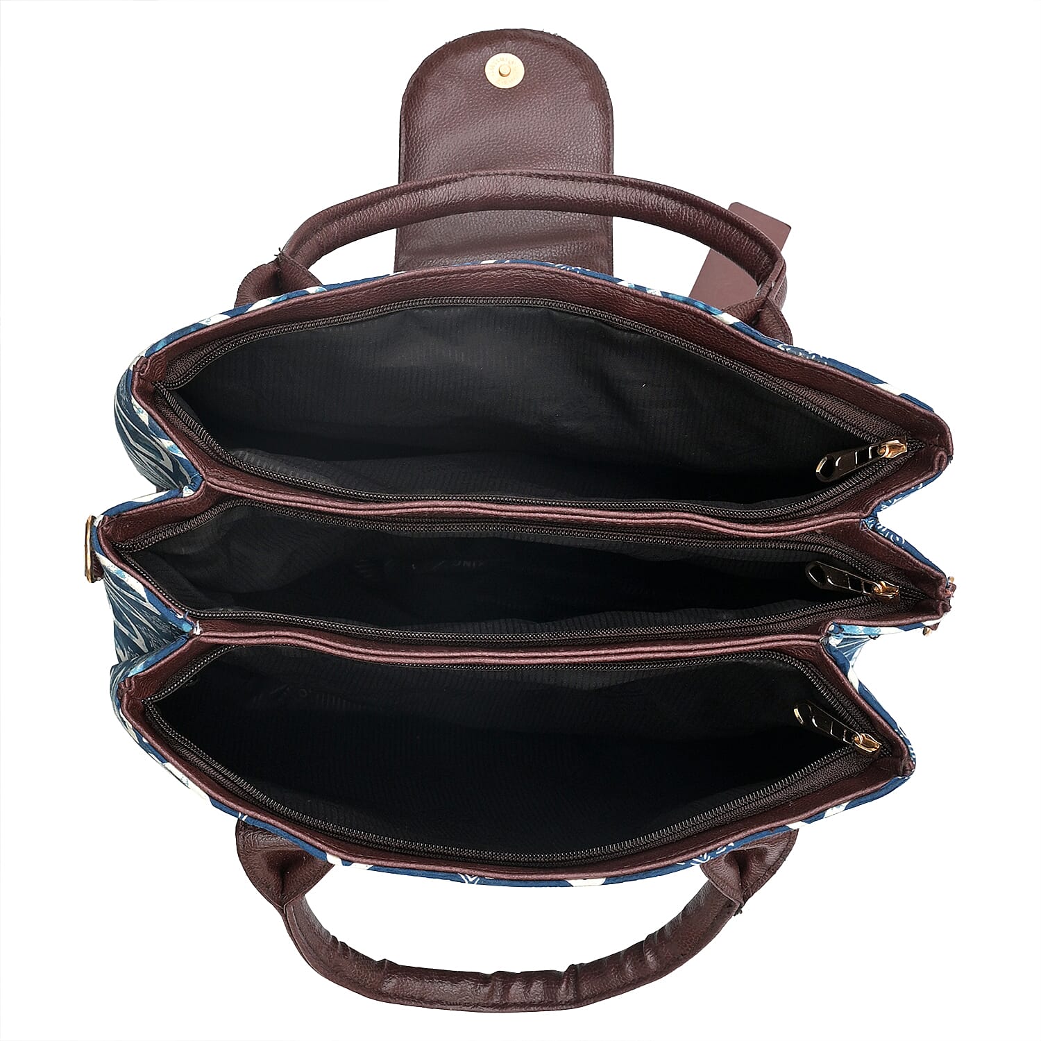 LA Marey Royal Blue Flower Genuine Leather Trim Cotton Stachel Bag with Flap Closure, Detachable Shoulder Strap, and Pouch
