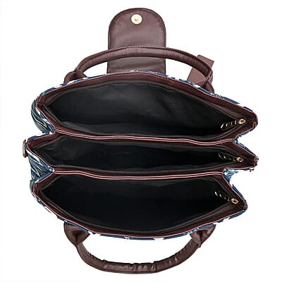 LA Marey Royal Blue Flower Genuine Leather Trim Cotton Stachel Bag with Flap Closure, Detachable Shoulder Strap, and Pouch
