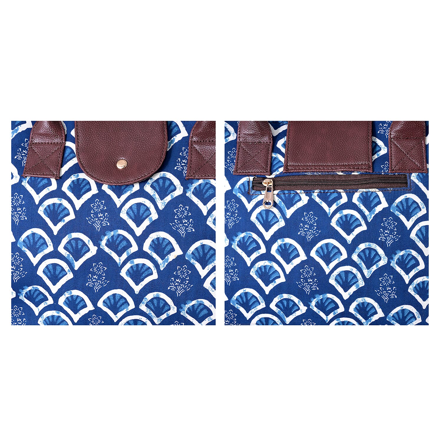 LA Marey Royal Blue Flower Genuine Leather Trim Cotton Stachel Bag with Flap Closure, Detachable Shoulder Strap, and Pouch