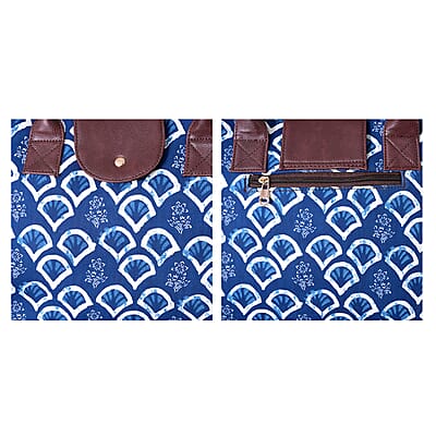 LA Marey Royal Blue Flower Genuine Leather Trim Cotton Stachel Bag with Flap Closure, Detachable Shoulder Strap, and Pouch