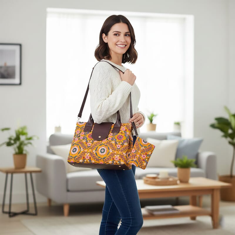 LA Marey Yellow Flower Genuine Leather Trim Cotton Stachel Bag with Flap Closure, Detachable Shoulder Strap, and Pouch