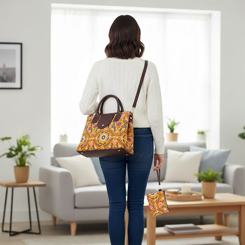 LA Marey Yellow Flower Genuine Leather Trim Cotton Stachel Bag with Flap Closure, Detachable Shoulder Strap, and Pouch