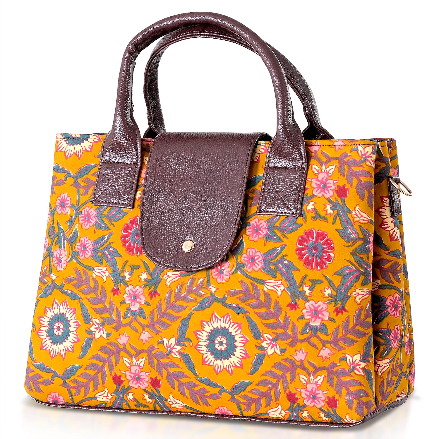 LA Marey Yellow Flower Genuine Leather Trim Cotton Stachel Bag with Flap Closure, Detachable Shoulder Strap, and Pouch