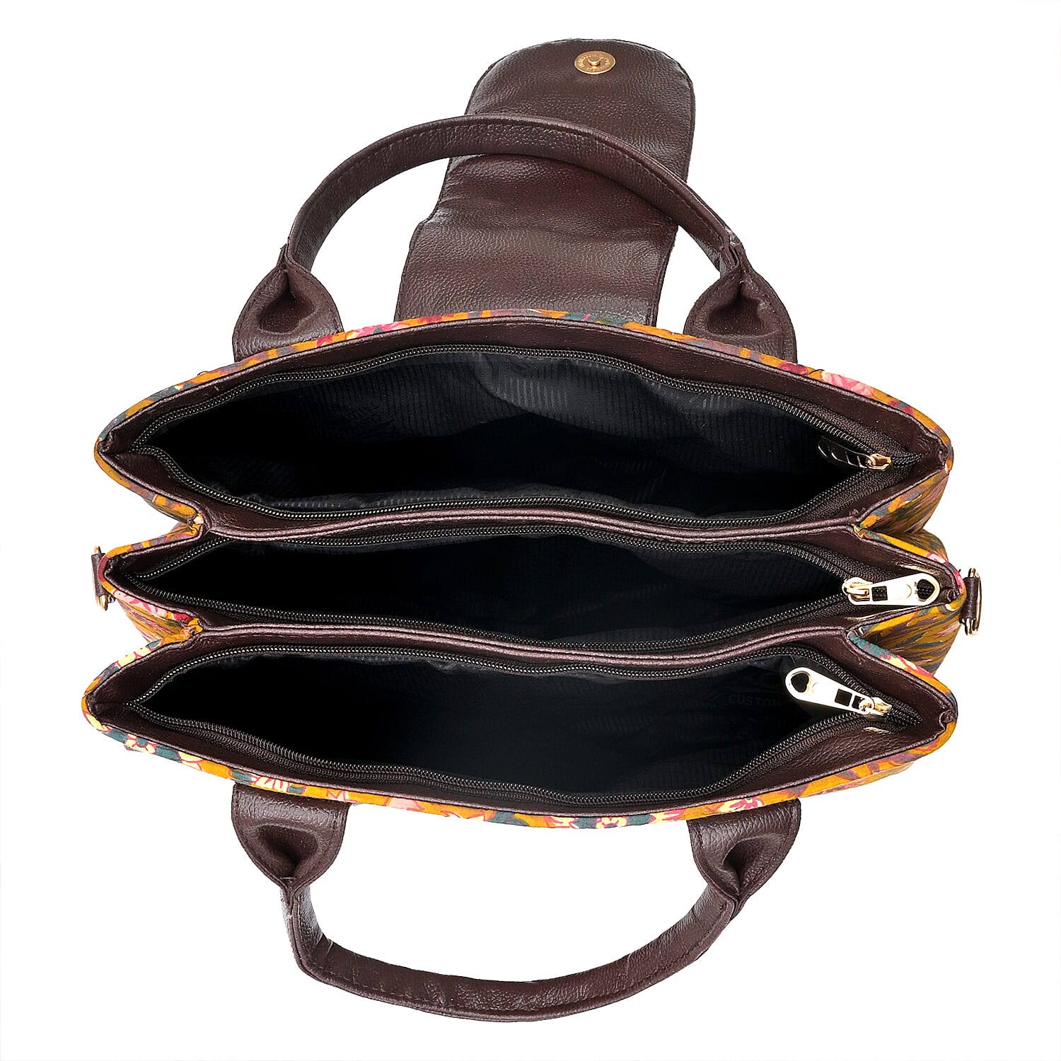LA Marey Yellow Flower Genuine Leather Trim Cotton Stachel Bag with Flap Closure, Detachable Shoulder Strap, and Pouch