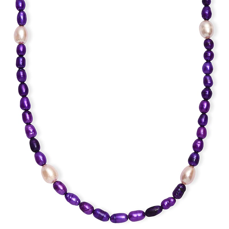 Freshwater Pearl and Purple Dyed Pearl Necklace in Stainless Steel 18 Inches