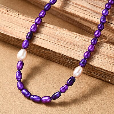 Freshwater Pearl and Purple Dyed Pearl Necklace in Stainless Steel 18 Inches