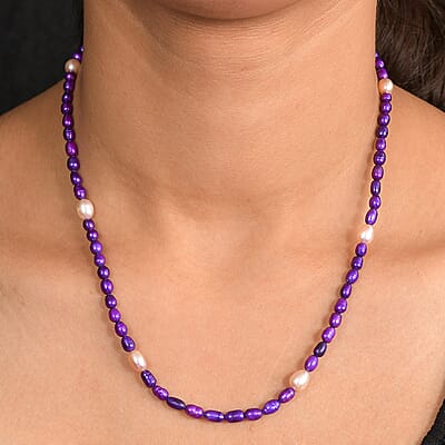 Freshwater Pearl and Purple Dyed Pearl Necklace in Stainless Steel 18 Inches