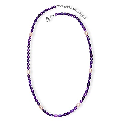 Freshwater Pearl and Purple Dyed Pearl Necklace in Stainless Steel 18 Inches