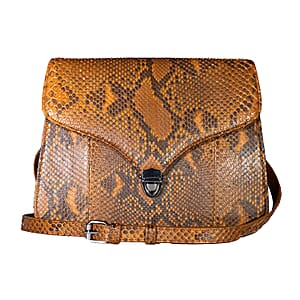 Grand Pelle Camel Genuine Python Leather Flap Bag with Shoulder Strap