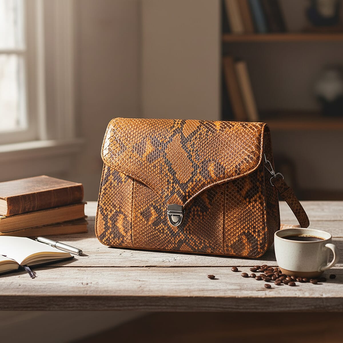 Grand Pelle Camel Genuine Python Leather Flap Bag with Shoulder Strap image number 1