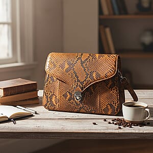 Grand Pelle Camel Genuine Python Leather Flap Bag with Shoulder Strap