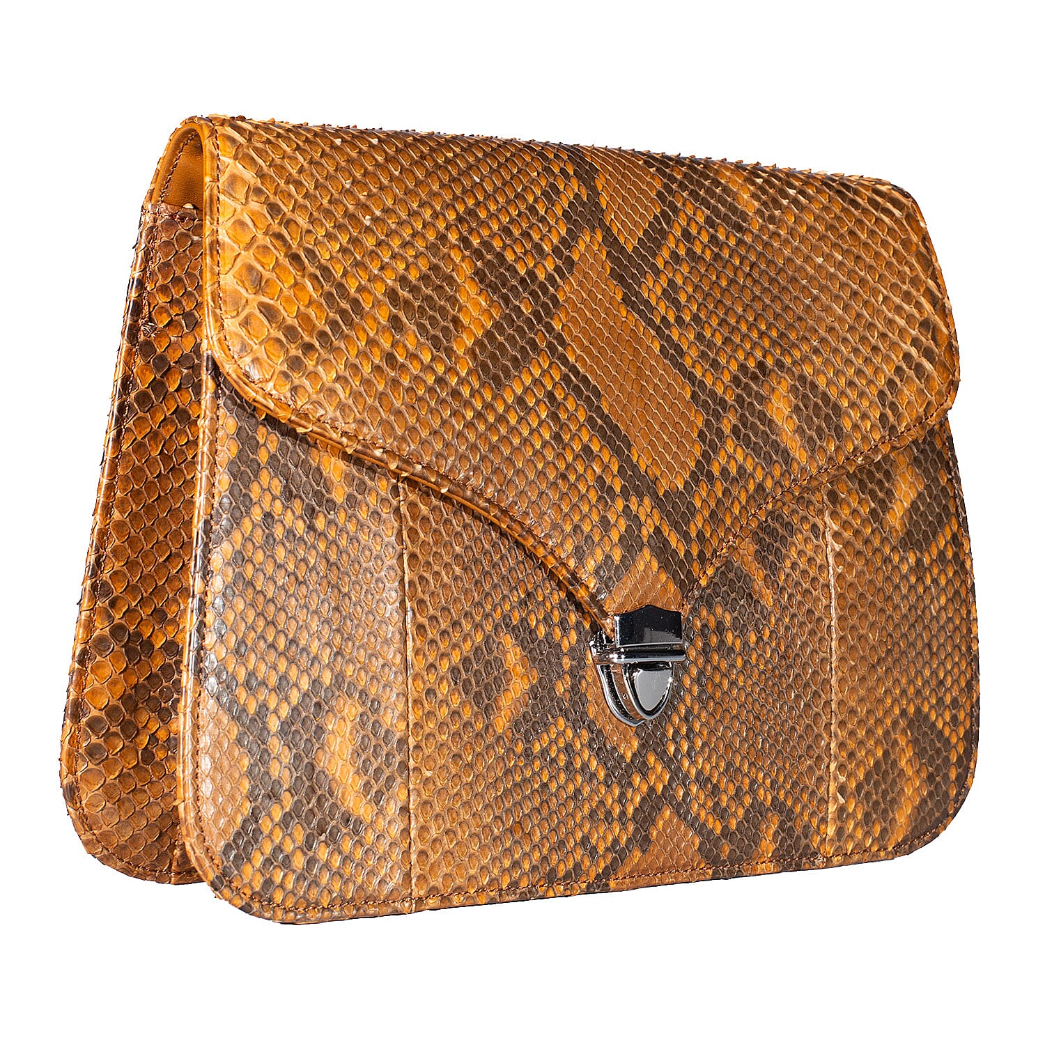 Grand Pelle Camel Genuine Python Leather Flap Bag with Shoulder Strap