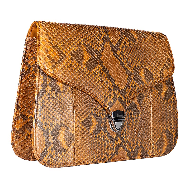 Grand Pelle Camel Genuine Python Leather Flap Bag with Shoulder Strap