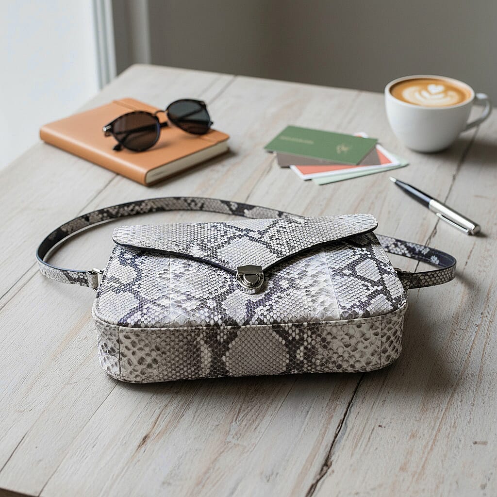 Grand Pelle Natural Genuine Python Leather Flap Bag with Shoulder Strap