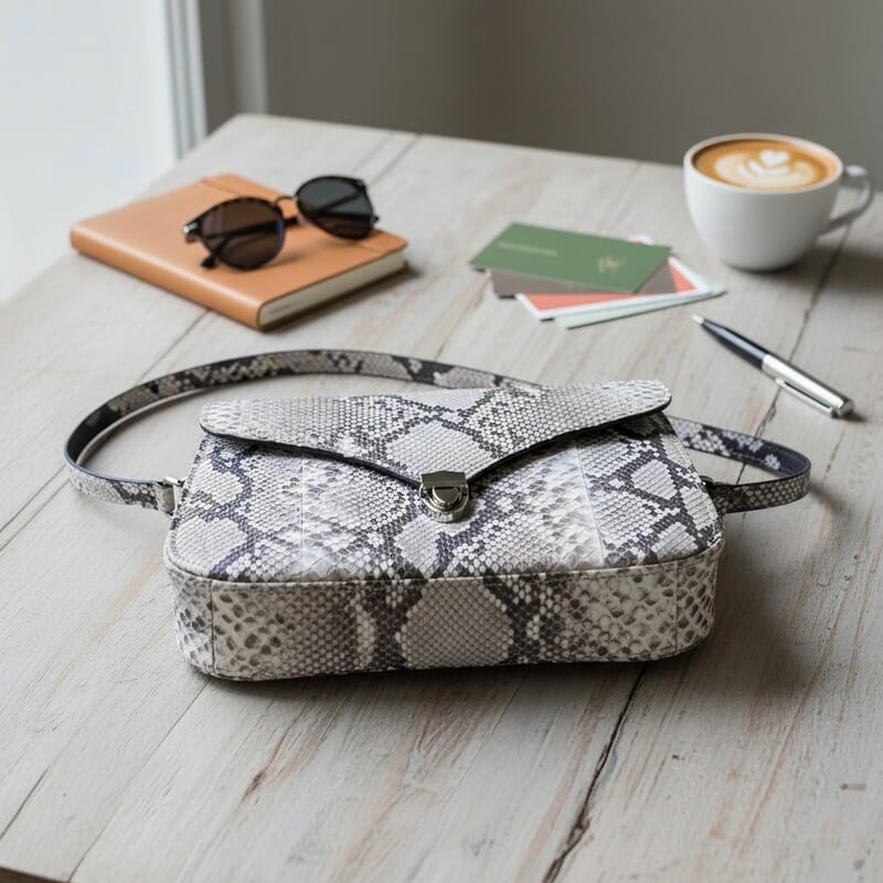 Grand Pelle Natural Genuine Python Leather Flap Bag with Shoulder Strap